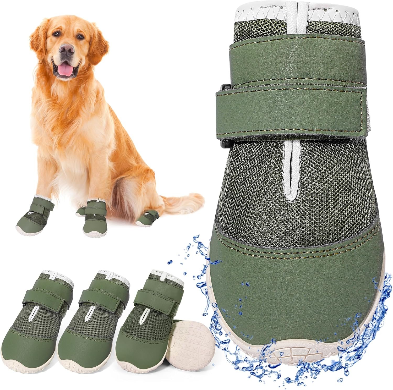 DcOaGt Dog Shoes for Large Dogs XXL,Mesh Breathable Dog Boots & Paw Protectors for Hot Pavement Summer Winter Snow, 360°Anti-Slip Dog Booties for Hiking/Walking,Military Green 4PCS(Size 9)