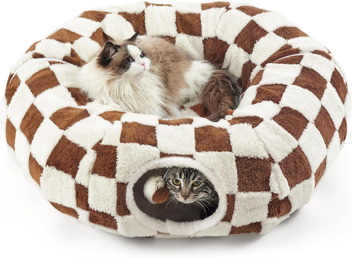 Lesure Cat Tunnel Bed for Indoor Cats – Cute Cat Donut Tunnel Toys for Small Large Cats with Washable Circle Cushion, Round Pet Peekaboo Cave Toy for Kitten/Puppy/Rabbit, Standard Brown Checks