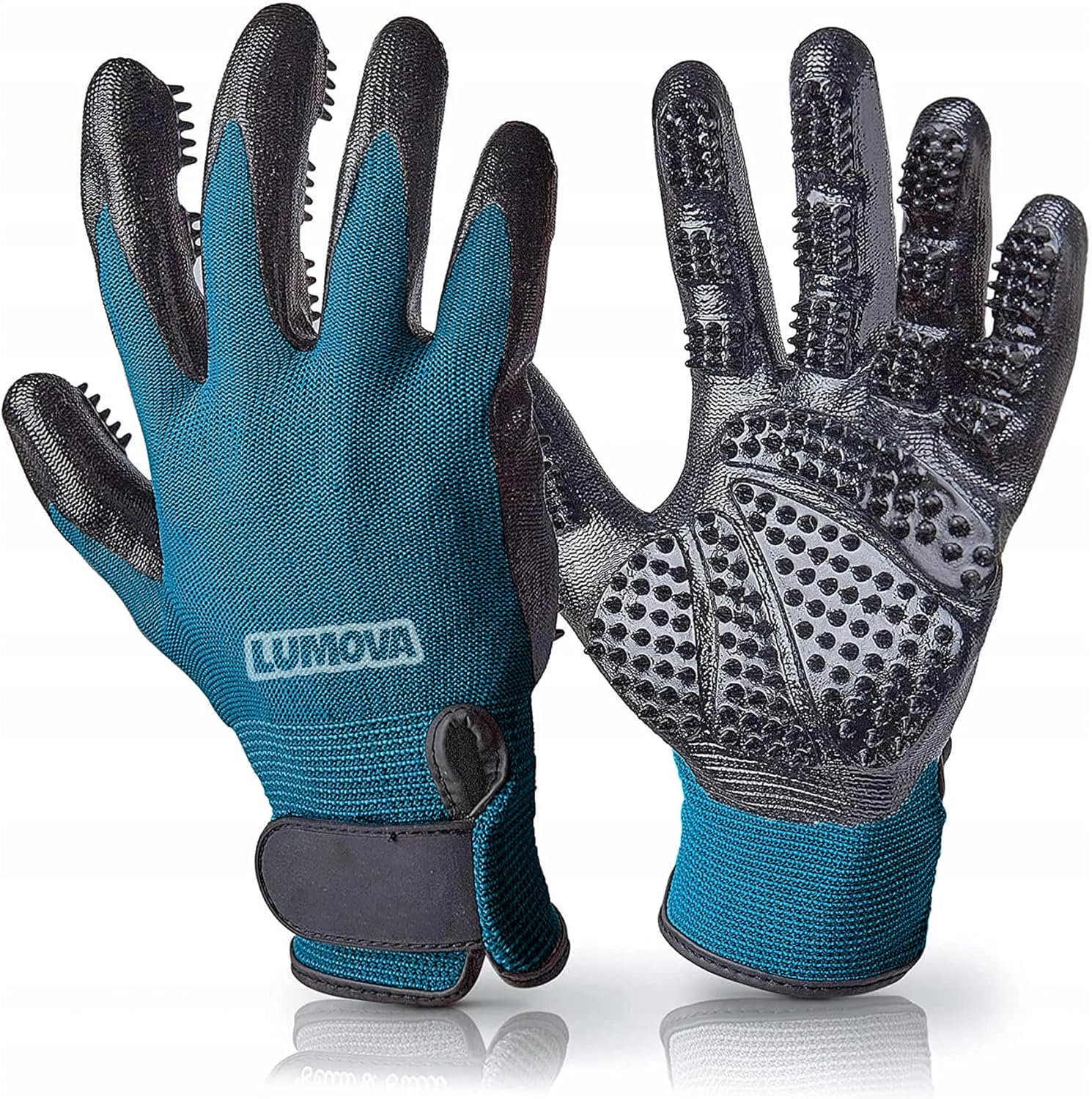 Pet Grooming Glove – Patented Rubber-Massage Shedding Bath & Hair Remover for Dogs, Cats & Livestock – Lightweight, Flexible, Secure Fit (Cyan&Black)