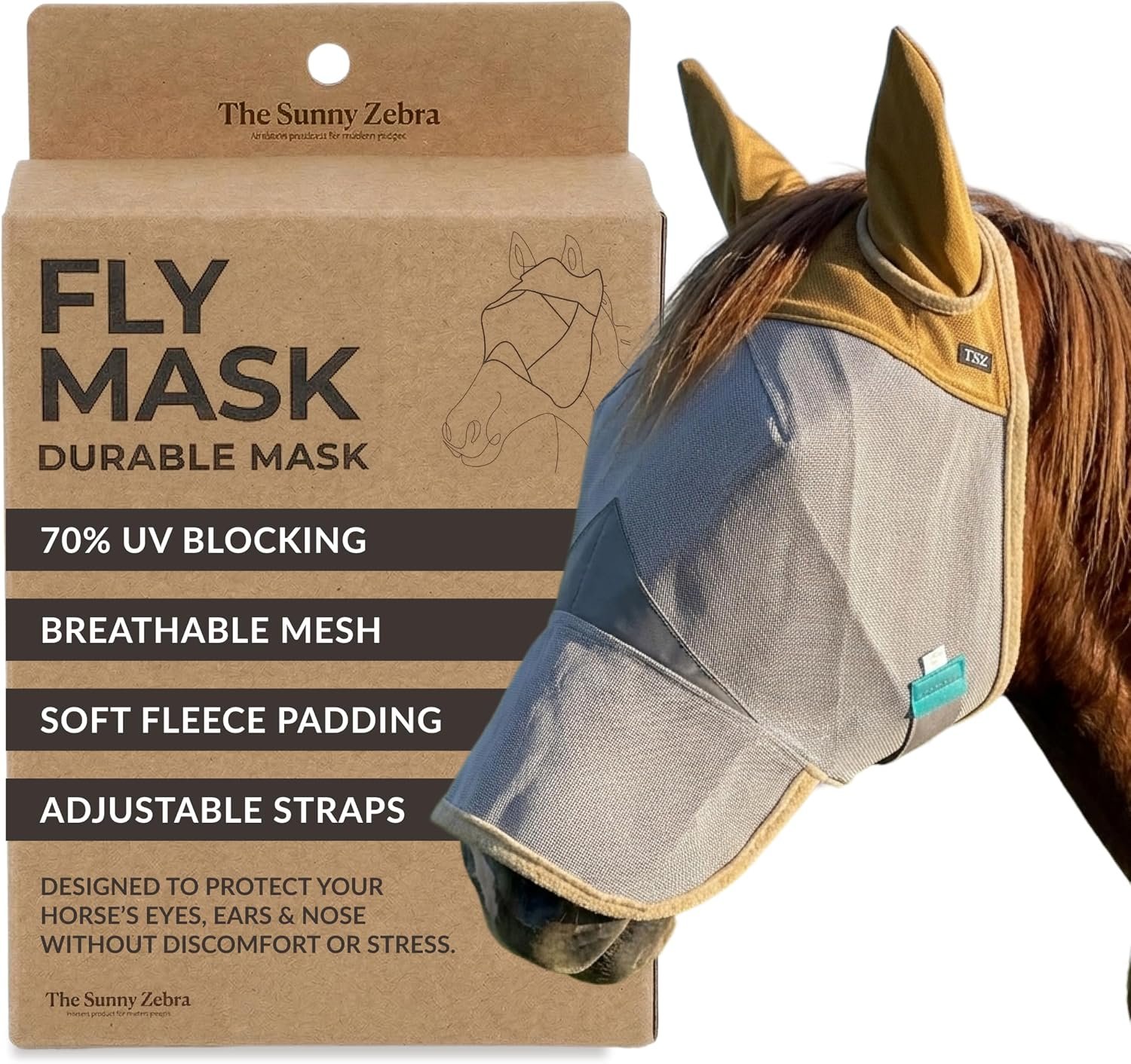 TSZ Horse Fly Mask with Ears and Nose Cover – UV Block 70% Breathable Soft Fleece Padding Fly Masks for Horses Flymask Durable Fly Control Comfortable Adjustable Straps All-Day for Equines