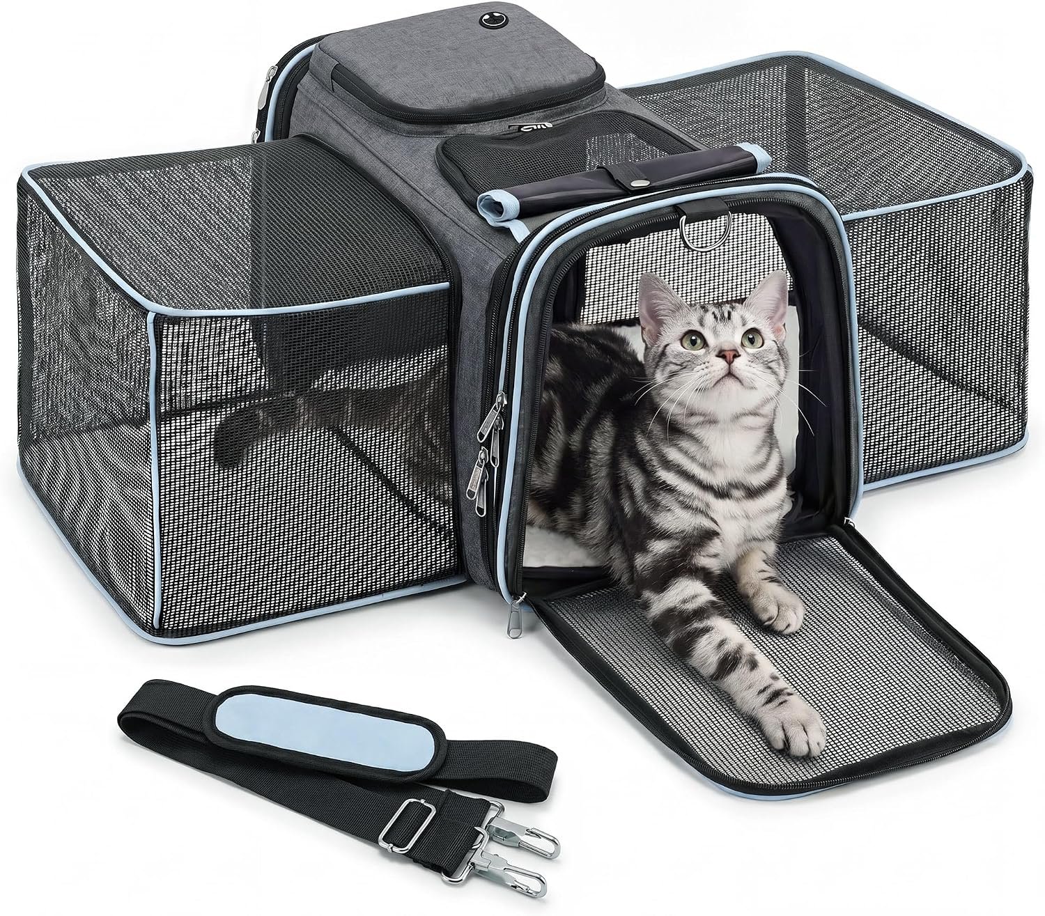 Expandable Cat Carrier for Cats and Small Dogs, Airline Approved Under-Seat with Double-Side Extension, Durable 600D Fabric Internal Frame, Ventilated with Safety Leash, Blue
