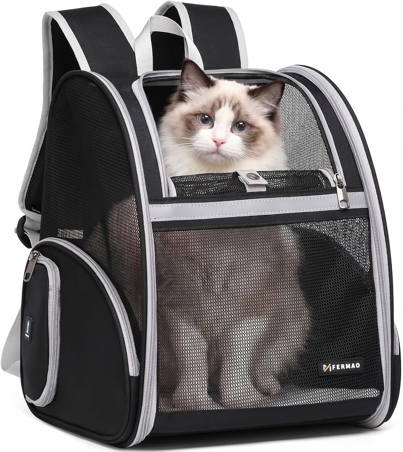 Cat Backpack Carrier for Small Dogs and Medium cat Puppy Kitten Bunny Pet Carrier Backpack Collapsible with Fully Ventilated Mesh with Safety Leash (Black, 12.9″ L x 10.62″ W x 15.5″ H – M)