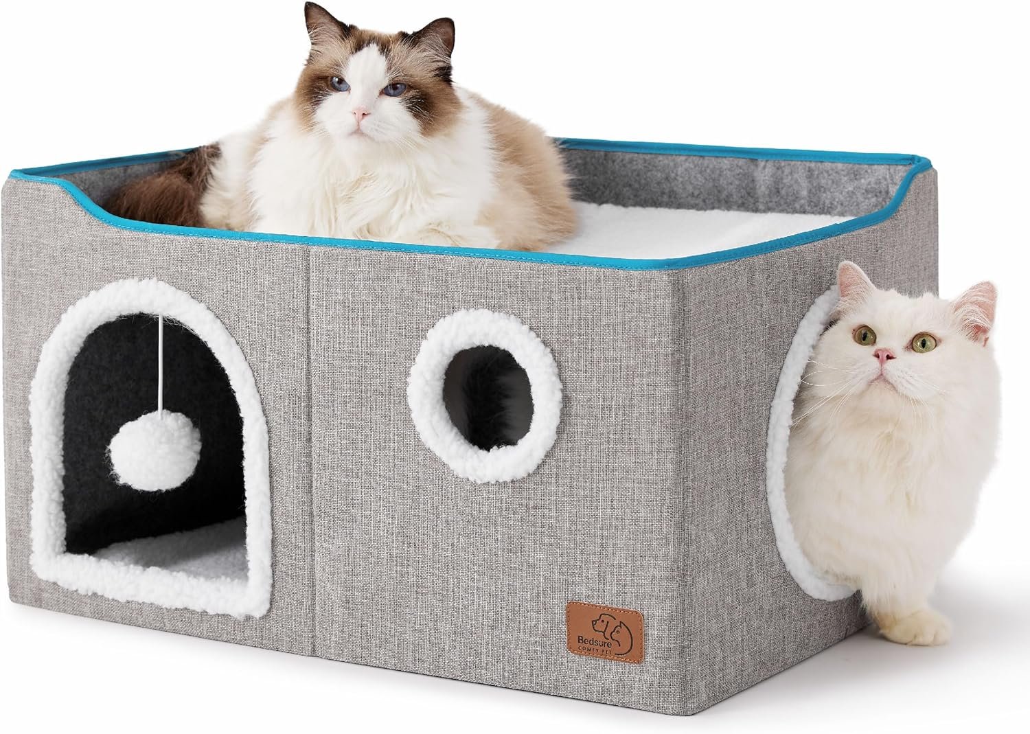 Bedsure Large Cat Beds for Indoor Cats – Extra Wide Cat Cube House for Small Pet with Fluffy Ball Hanging and Scratch Pad, Foldable Pet Cave Hideaway for Multiple Cats, 23.6×16.9×13 inches, Grey