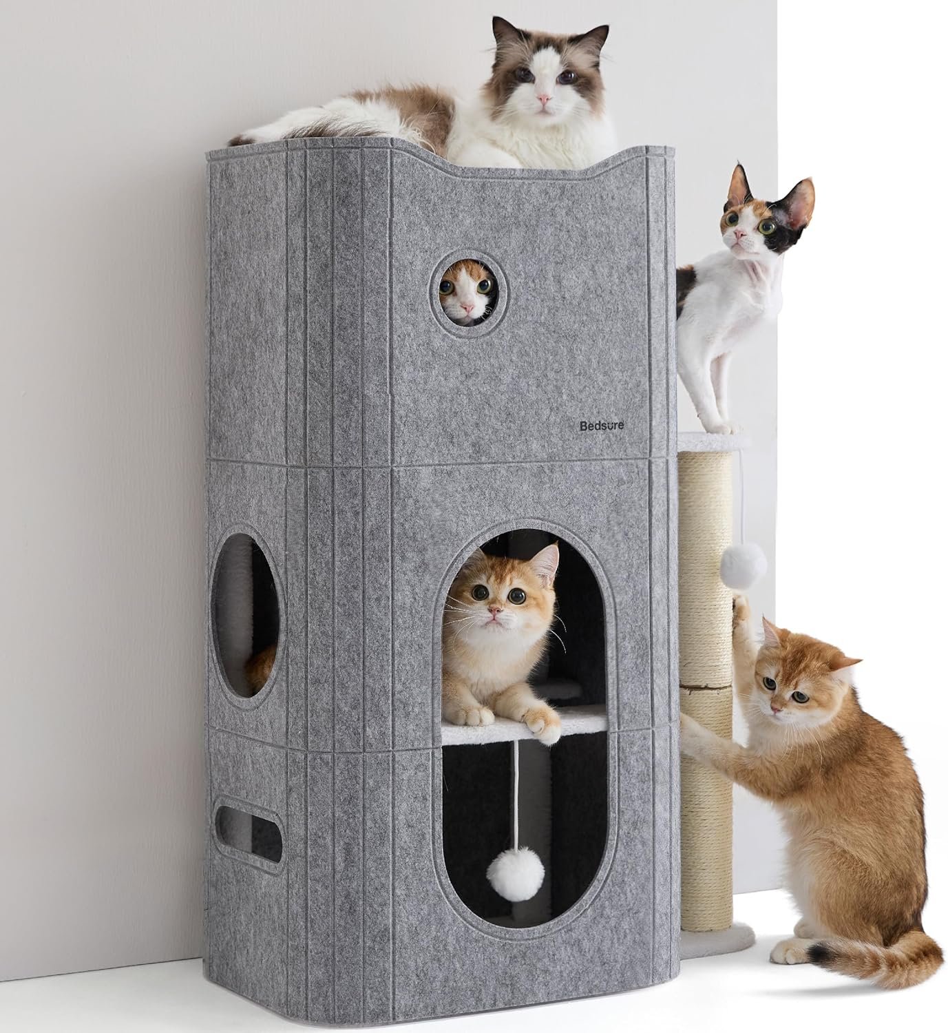 Bedsure 3-Level Indoor Cat Bed- Cat Condos Small Cat Tree for Multiple Kitties to Play Sleep,Hideaway Cave, Fluffy Ball, Scratching Post, 22.5×31.5×13, Grey