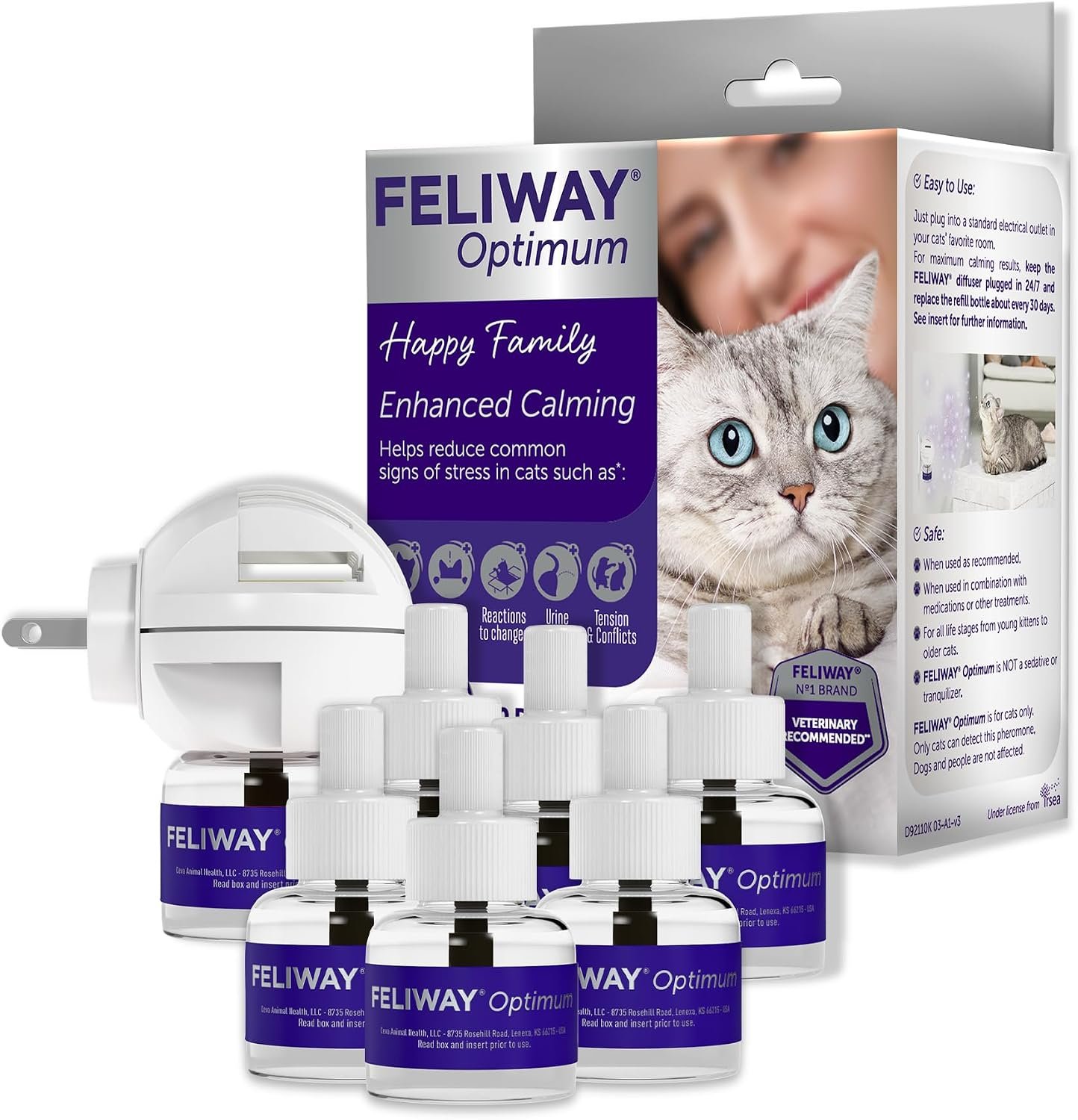 FELIWAY Optimum Cat Calming Diffuser Kit and 6 Pack Refill – Advanced Support to Help Reduce Urine Spraying, Scratching, Fighting and Hiding Due to Stress – All in One Cat Pheromone Plug in Diffuser