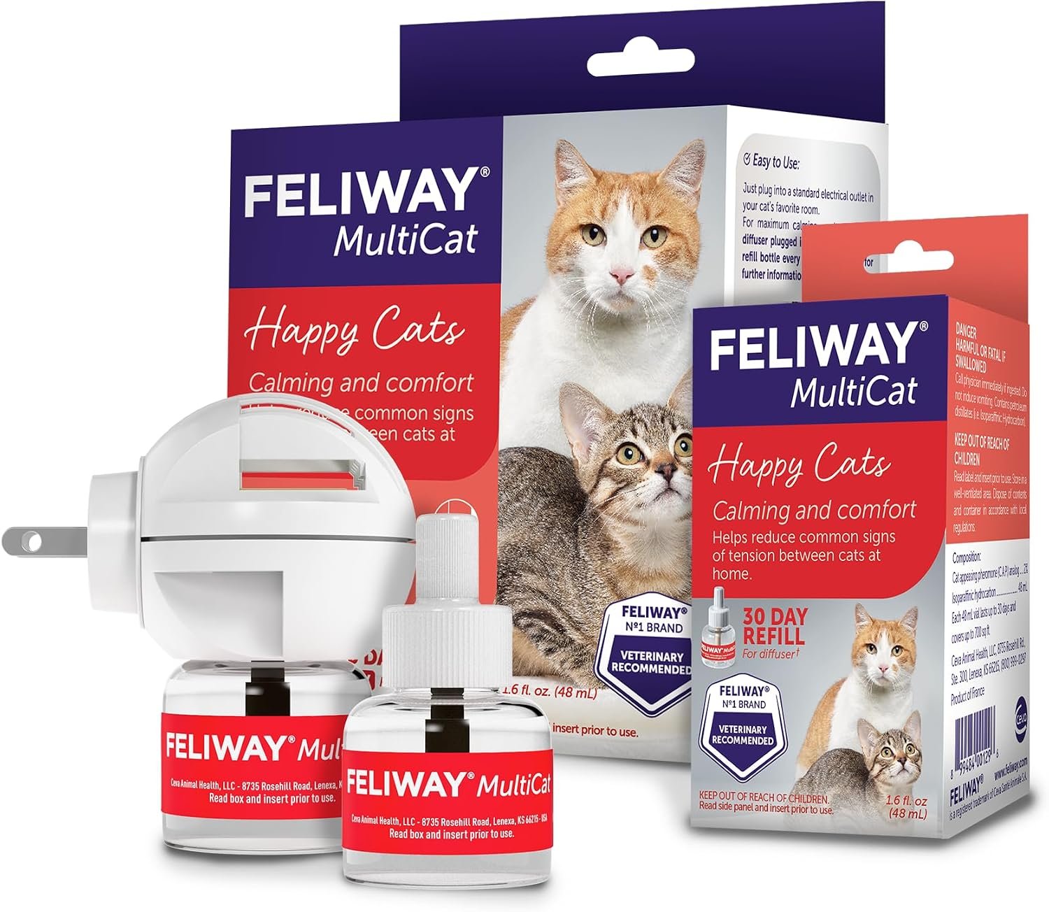 FELIWAY MultiCat Cat Calming Diffuser Kit and 1 Pack Refill – Helps Reduce Fighting, Tension and Aggression Between Cats Due to Stress – 30‑Day Cat Pheromone Plug in Diffuser for Multi‑Cat Homes