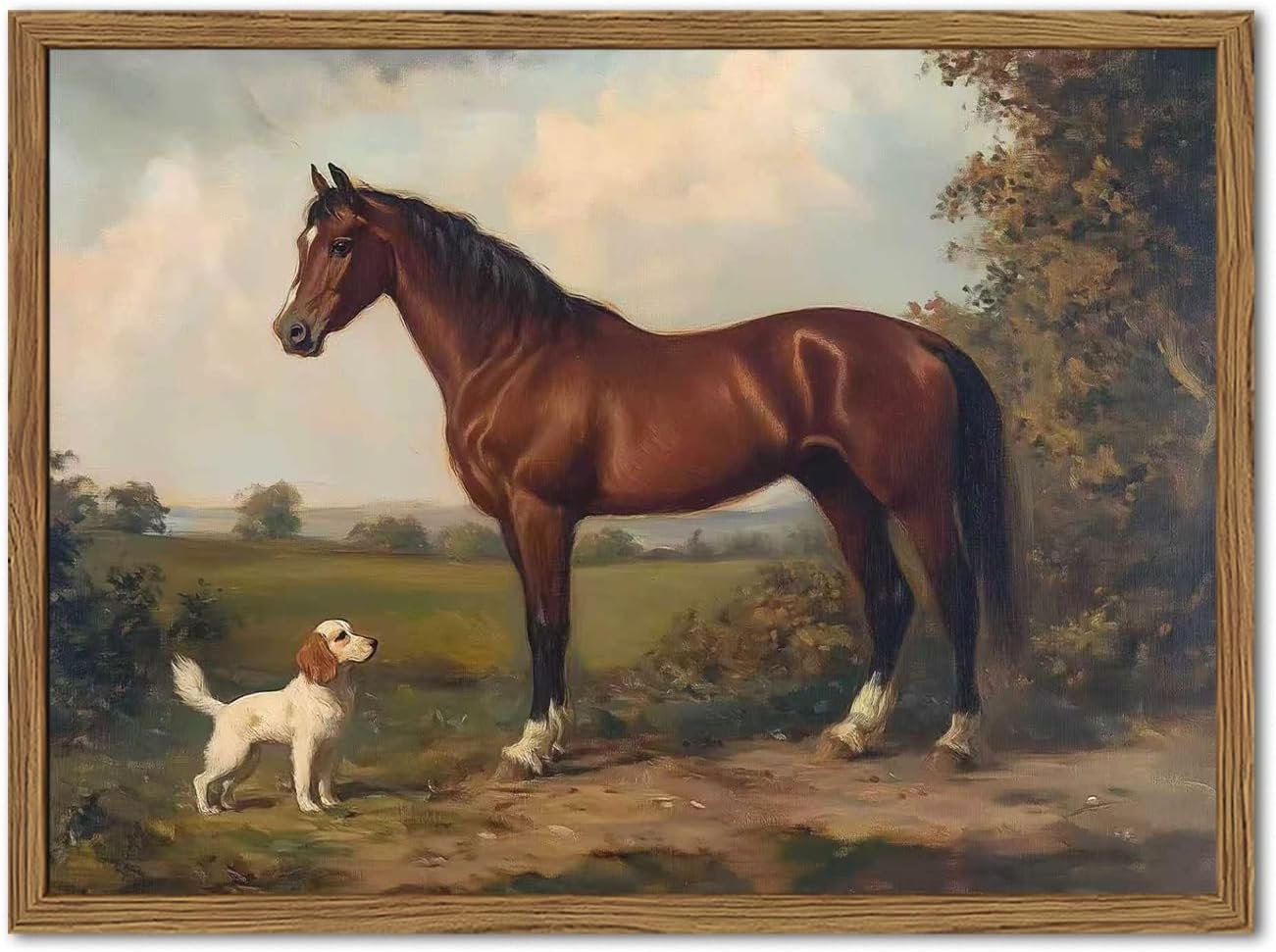 Framed Vintage Wall Art, Rustic Horse and Dog Pictures Wall Decor, Farmhouse Animal landscape Paintings Canvas Prints Neutral Aesthetic Home Decor for Living Room Bedroom Bathroom Office 8×10 inch