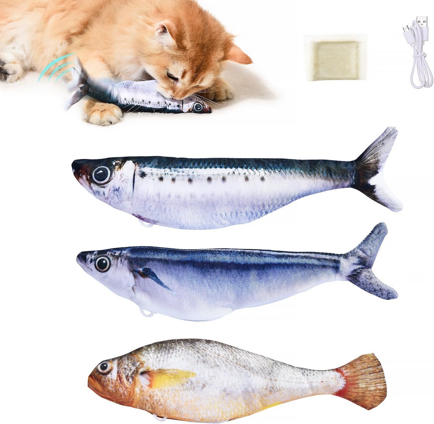 Petgravity Bite-Sized Realistic Flopping Fish Cat Toys, 3 Pack, Interactive Cat Toys for All Breeds, Tap-Activated 3 Flapping Mode, Sardine/Saury/Yellow Croaker, 7.1 Inches, with Catnip, Rechargeable