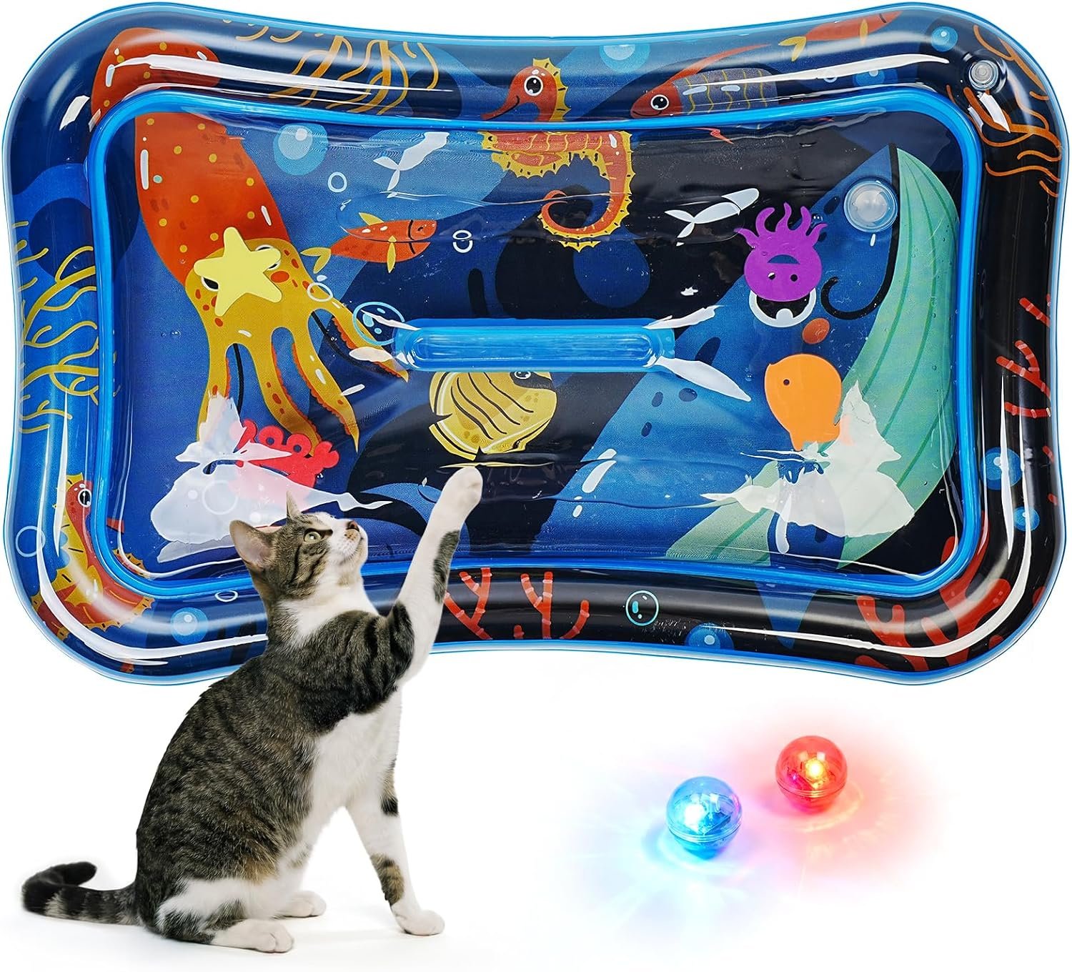 Thickened Cat Water Sensory Play Mat with 2 Attractive Balls, Cat Water Bed Toy for Cats Dogs Kittens Pets